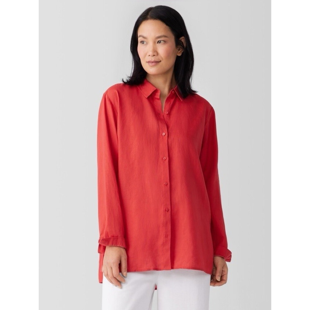 Eileen Fisher S 100% Organic Irish Linen Button Down‎ Tunic Top Shirt Lagenlook
